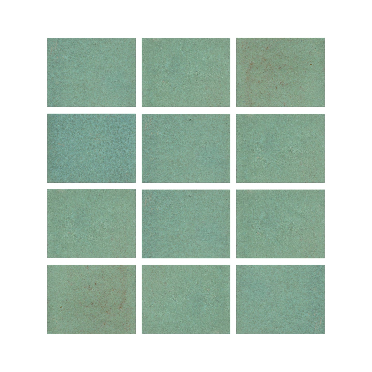 Copper patina 2x3 matte finish, transitioning in color from light green to turquoise.